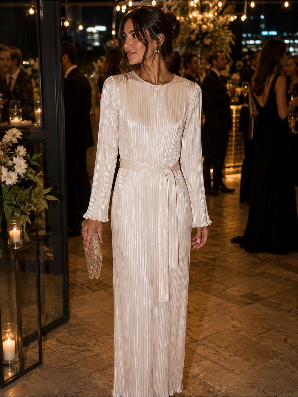 Commense Ivory Pleated Maxi Dress NWT Size Medium Long Sleeve